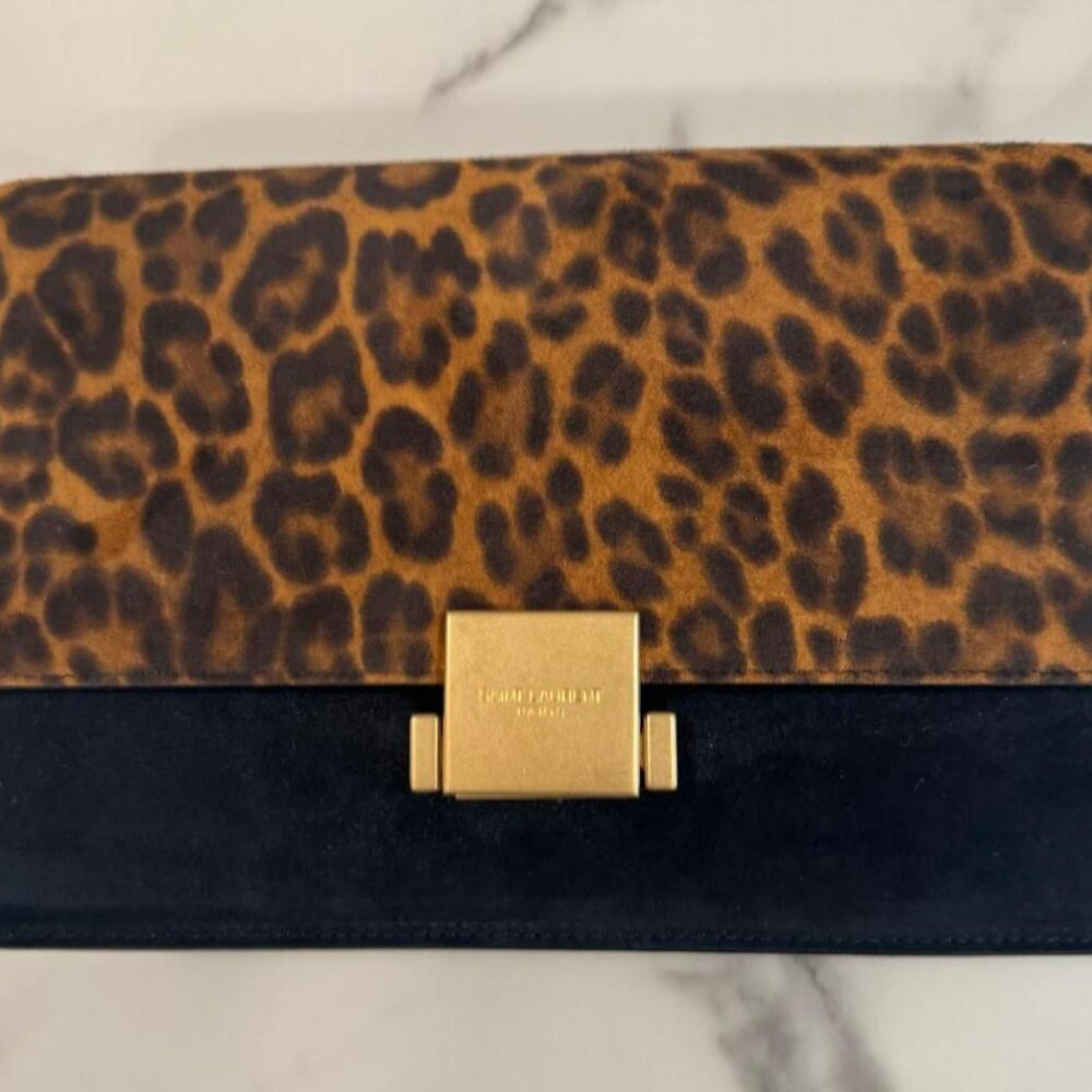 SAINT LAURENT 482044 1Q11M Bellechasse Black Leather with Leopard Suede Print